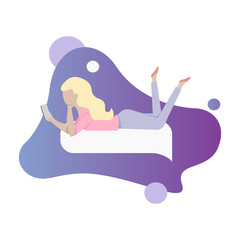 Illustration of virtual relationship concept. Online dating and messaging app. Woman texting on the Internet. Online commutication. Mobile dating service. 