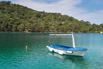 Fototapeta na wymiar Tourist boat docked along the shore of Mljet Island.