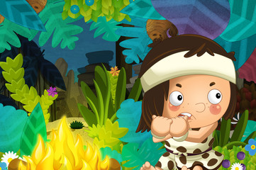 cartoon scene with caveman barbarian warrior in the jungle by night next to fire camping -