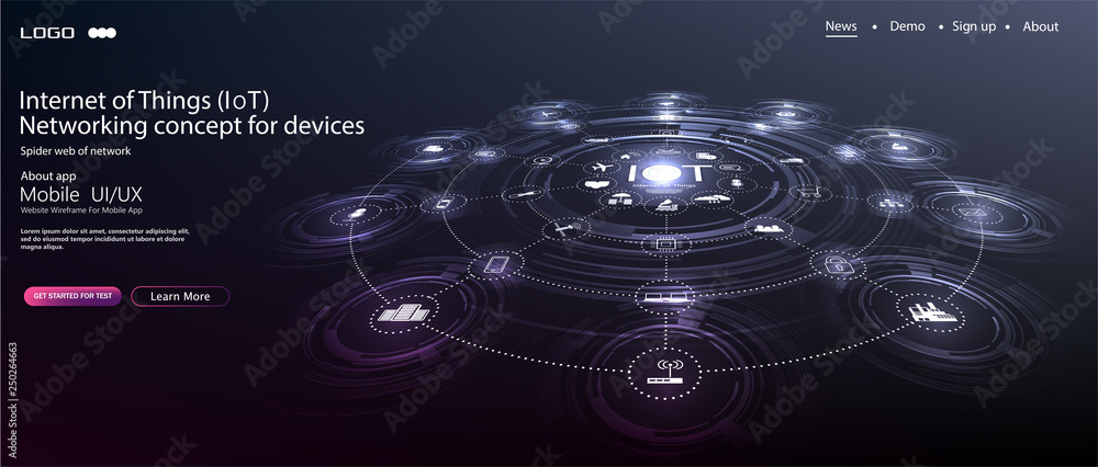 Poster landing page iot. internet of things devices and connectivity concepts on a network. spider web of n