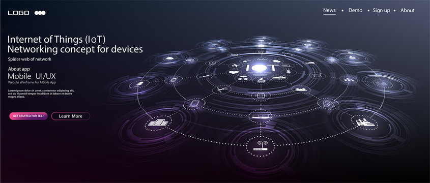 landing page IoT. Internet of things  devices and connectivity concepts on a network. Spider web of network connections with on a futuristic blue background. IOT icons