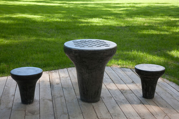 Chess board tables and seats in a public park