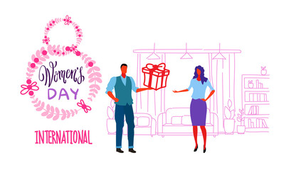man giving present gift box to woman happy women day 8 march holiday celebration concept living room interior horizontal greeting card full length sketch