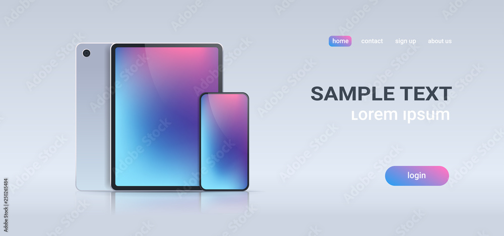 Poster realistic tablet pc and mobile smartphone with colorful screen on gray background digital technology