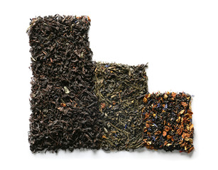 Different types of dry tea leaves on white background