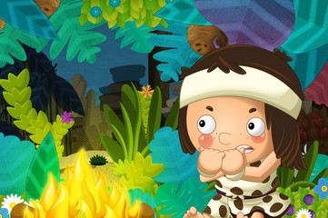 cartoon scene with caveman barbarian warrior in the jungle by night next to fire camping -