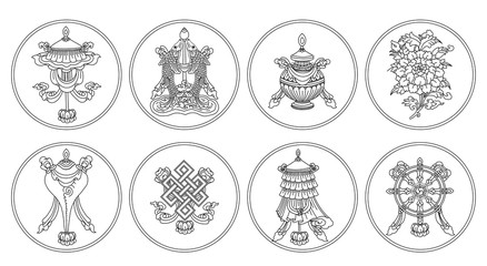Ashtamangala. Eight auspicious symbols of Buddhism