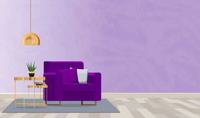 Luxurious interior design of the room with an armchair and a lamp in violet colors. Vector flat illustration.