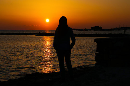 Sunset with view to Paphos Castle, Cyprus