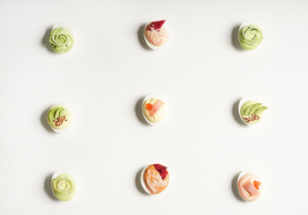 Tasty deviled eggs on white background