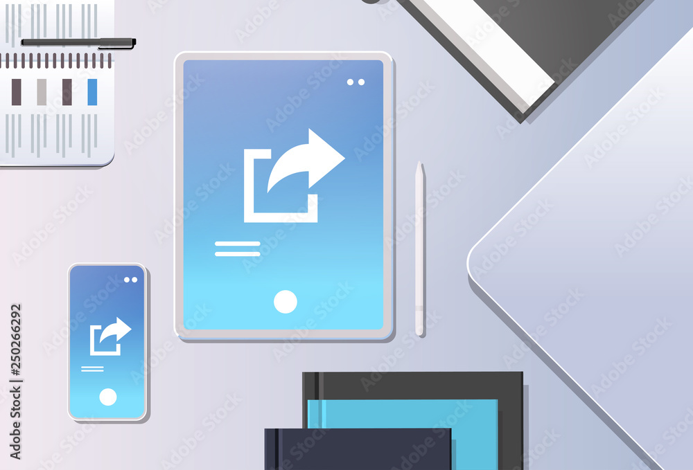 Poster cloud data share online internet sharing network top angle view workplace desktop with tablet pc and