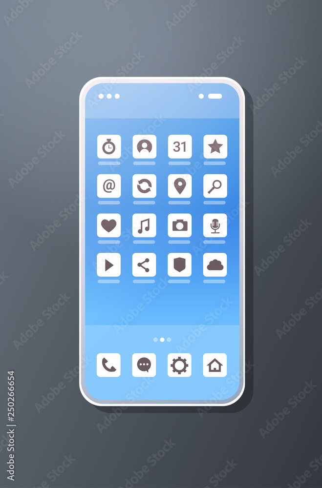 Poster realistic smartphone mobile application icons creative ui screen on gray background digital technolo