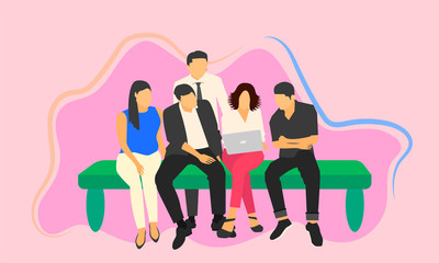 cartoon male female group teamwork looking at labtop talk about something.vector illustration eps10