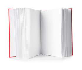 Book with blank pages on white background