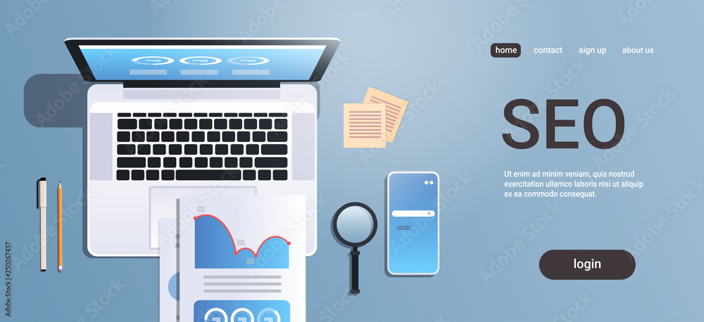 Aufkleber digital marketing search engine optimization seo concept top angle view workplace desktop with lapto