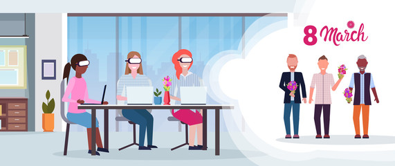 businesswomen wearing digital glasses virtual reality mix race businessmen with flowers headset vision international 8 march holiday concept office