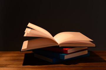 Books on table against dark background