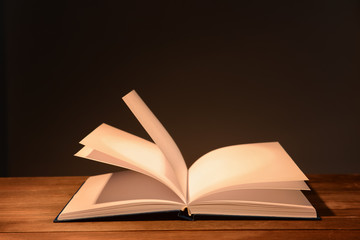 Open book on table against dark background
