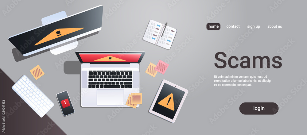 Poster scam alert internet fraud hacking scams concept top angle view desktop computer monitor laptop table