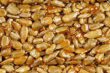 Kozinaki from golden, roasted sunflower seeds as a background, texture. Macro shooting,