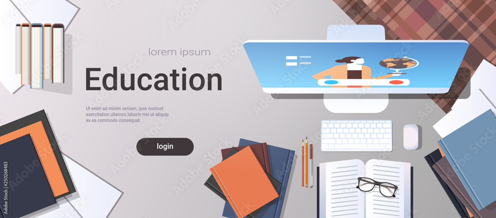 Poster university student workplace e-learning online education concept top angle view desktop with books a