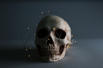 Human skull with fairy lights on dark background