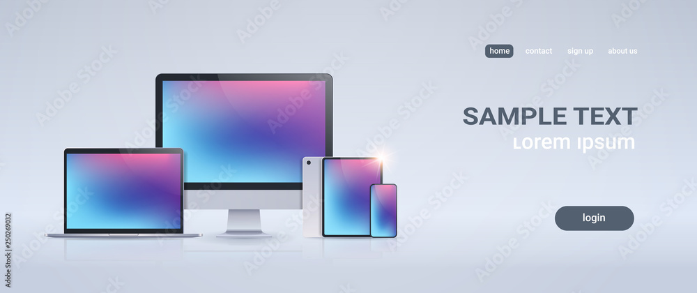 Poster electronic devices mockup set laptop monitor tablet and smartphone with colorful screen on gray back