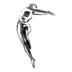 Ballerina in dance. Ink dancer. Watercolor black on white background.