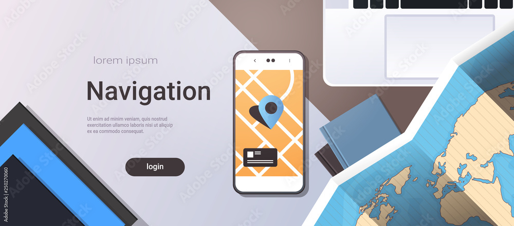 Poster navigation online application paper world map with gps location mark top angle view workplace deskto