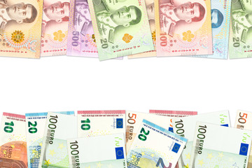 some thai baht and euro banknotes indicating trade relations with copyspace