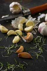 Fresh garlic and knife on dark background