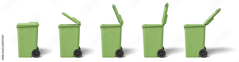 Poster 3d rendering of several light-green dumpsters in a row on white background.