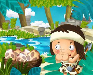 Cartoon scene with caveman in the jungle near the river in the background - illustration for children