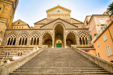 Fototapeta na wymiar View of the Cathedral of St Andrea and the steps leading to it from the Piazza del Duomo in Amalfi, Italy