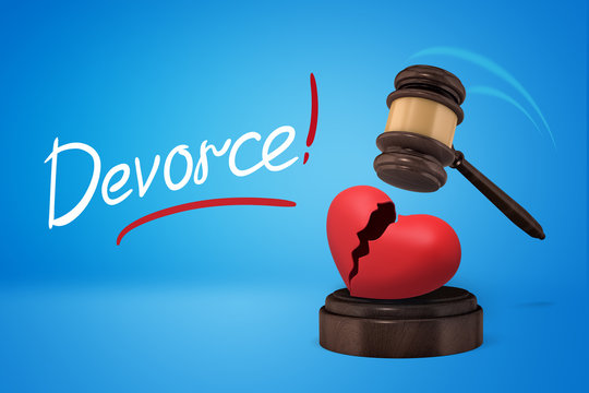 3d rendering of brown wooden gavel breaking red heart on round wooden block into two parts with 'DIVORCE' sign on blue background
