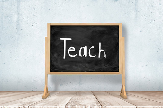 3d rendering of school blackboard with 'TEACH' chalk sign on white wooden floor and white wall background