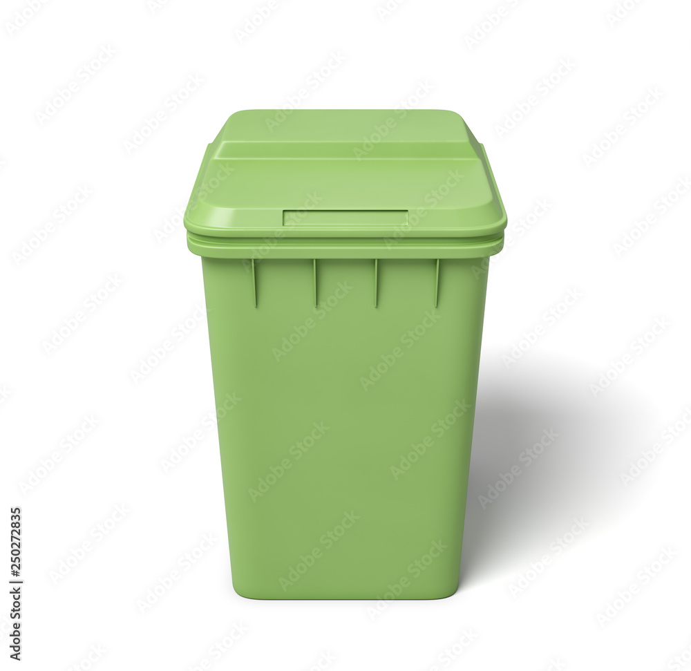 Poster 3d rendering of a light-green trash can isolated on white background.