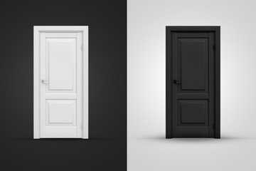 3d rendering of two contrast doors in white and black colors on background of opposite shade.