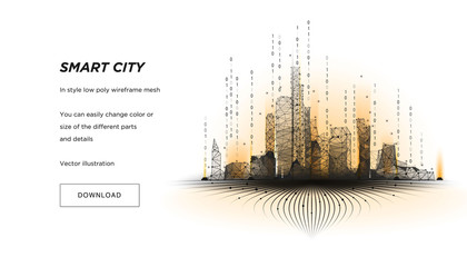 Smart city low poly wireframe on white background.City hi tech abstract or metropolis.Intelligent building automation system business concept.Polygonal space low poly with connected dots and lines.Vec