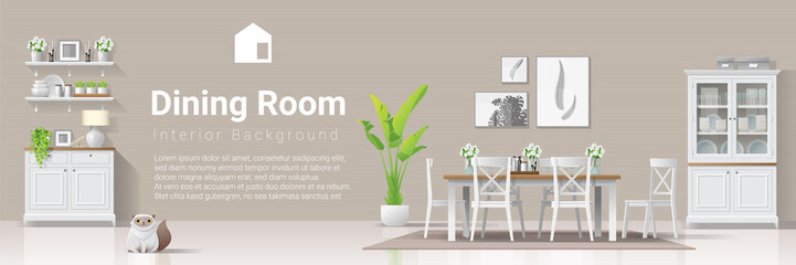 Interior background with dining room in modern rustic style , vector , illustration