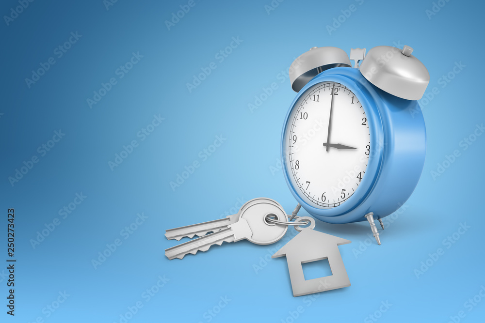 Poster 3d rendering of a blue alarm clock and grey keys on a blue background with a lot of copy space on th