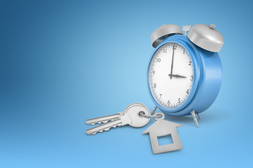 3d rendering of a blue alarm clock and grey keys on a blue background with a lot of copy space on the left.