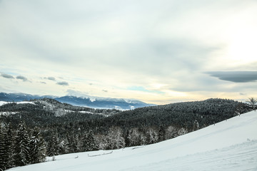 Beautiful landscape with mountains on winter day