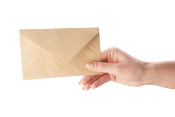 Female hand with envelope on white background