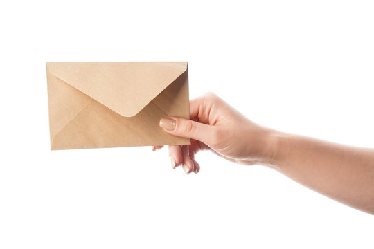 Female hand with envelope on white background