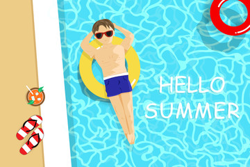 Summer, handsome man have a sunbath top view, swimming pool,  vacation seasonal holiday, relax time background vector illustration