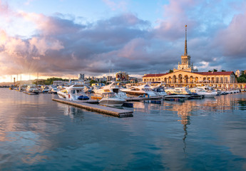 Sochi Marine Station and the yacht pier at sunset.