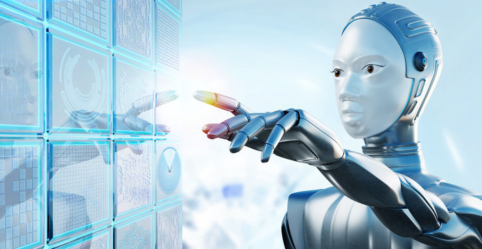 Female robot touching digital futuristic computer screen.