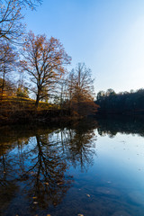 Fototapeta na wymiar Silent lake water like a mirror reflecting autumn style trees