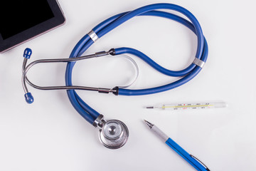 Stethoscope or phonendoscope, tablet and thermometer, medical device for auscultation, medical...